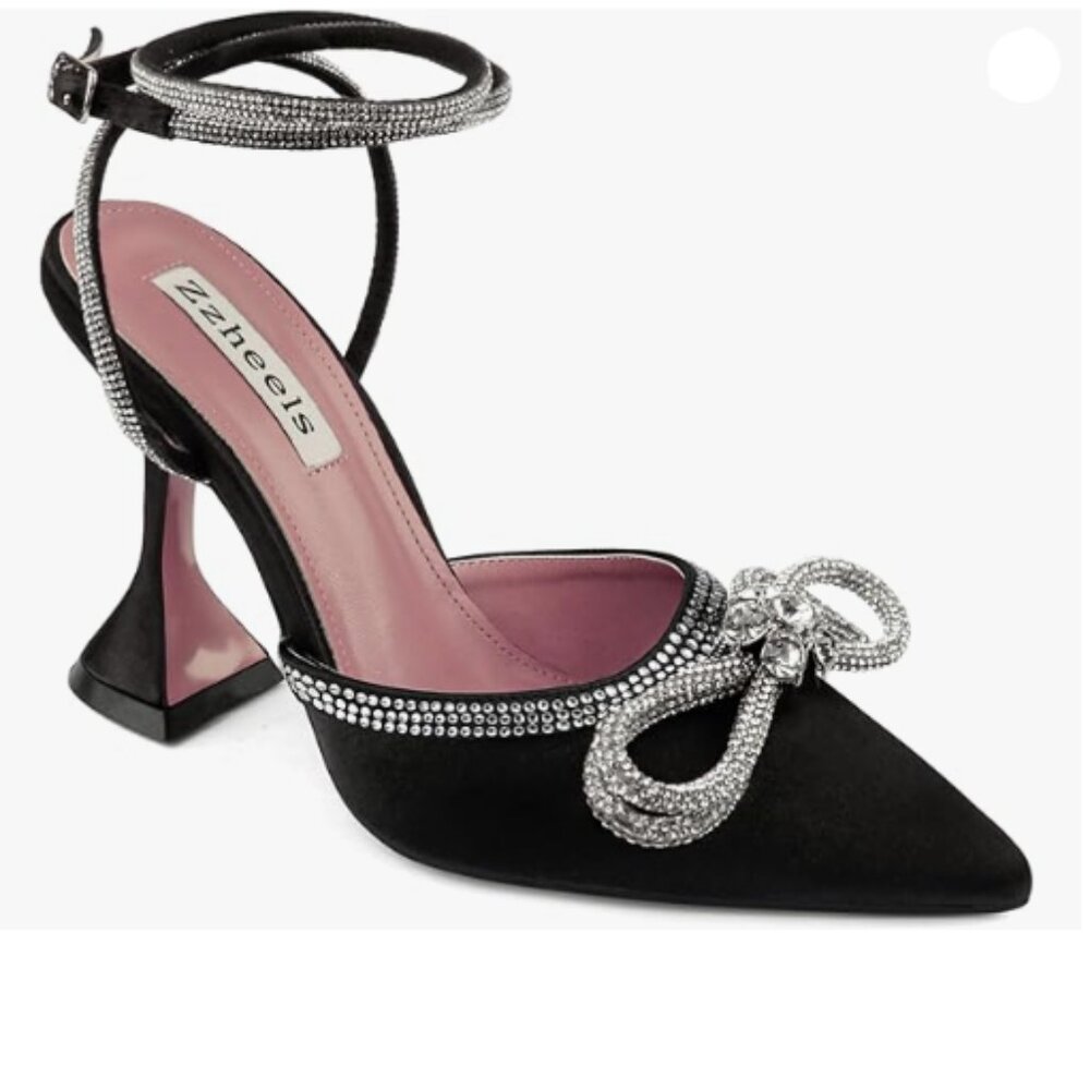 Zzheels Women Bowknot Clear Heels Crystal Slingback Sandals Lace-up Shoes Black